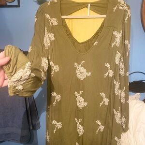 FREE PEOPLE Olive Green CREAM EMBROIDERED FLOWERS TUNIC Dress M